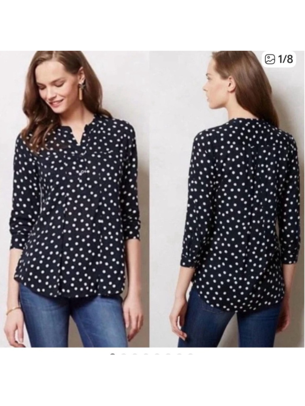Anthropologie Maeve Brunia Henley Navy Polka Dot Blouse size small